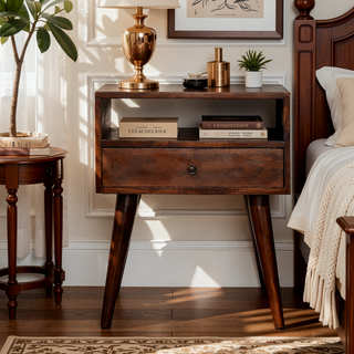 Sunvega Modern Chestnut Solid Wood Bedside Table with Drawer and Open Slot