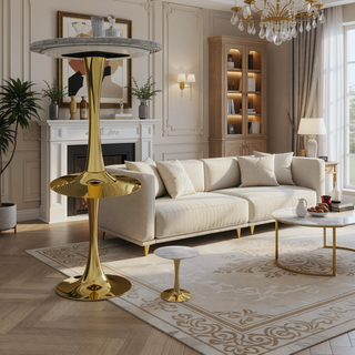 Sunvega Round White Pedestal Side Table with Marble Effect Top for Living Room