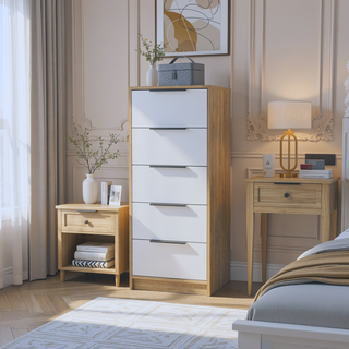 Sunvega White Pine Modern Vertical Five Drawer Dresser for Narrow Spaces