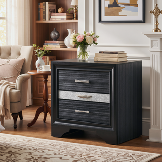 Sunvega Black Finish Wooden Nightstand with 3 Drawers and Curved Legs