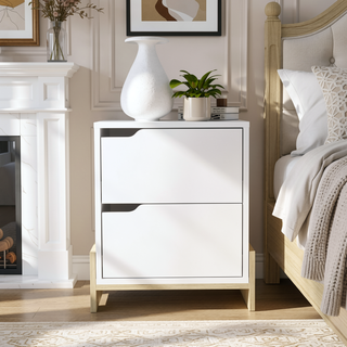 Sunvega Brookland Nightstand with Double Drawers and Sturdy Base in White Macadamia