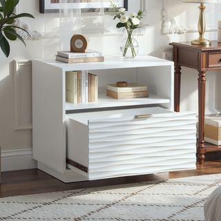 Sunvega Modern White Finish Nightstand with Gold Tone Hardware and Spacious Drawer