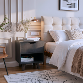 Sunvega Modern Nightstand with Open Shelf and Drawer on Wooden Legs