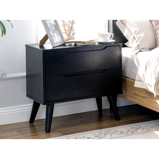 Sunvega Mid-Century Modern Black Solid Wood Nightstand with 2 Drawers and Round Tapered Legs