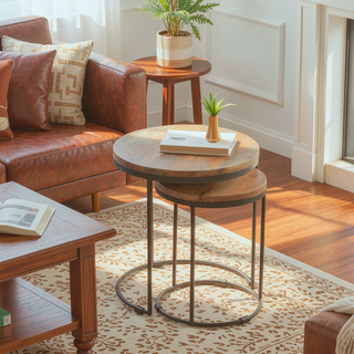 Sunvega Solid Mango Wood Round Stool Set with Iron Base and Oak Finish