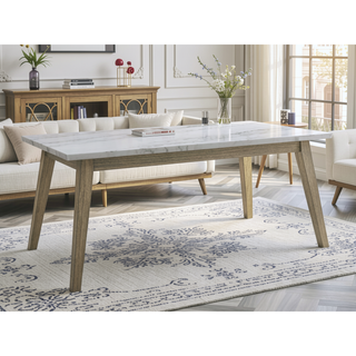Sunvega White Marble Top Dining Table with Canted Wood Legs Mid-Century Modern