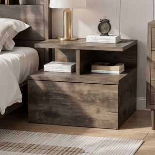 Sunvega Macadamia 2-Tier Shelf Floating Nightstand with Wall-Mount for Bedroom Storage