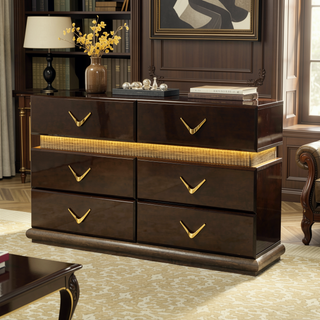 Sunvega Modern Brown Dresser with LED Lights and Six Spacious Drawers