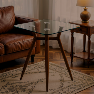 Sunvega Mid-Century Modern Clara Counter Table with Geometric Metal Base and Tempered Glass Top