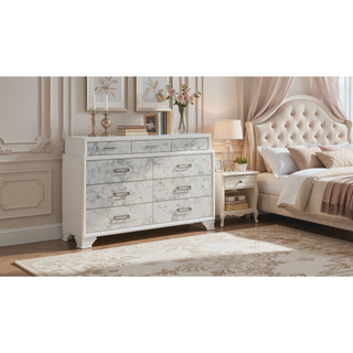 Sunvega Modern White Dresser with Marble Accents and Nine Drawers for Bedroom