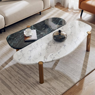 Sunvega Modern Faux Marble Coffee Table with Gold Metal Foot for Living Room
