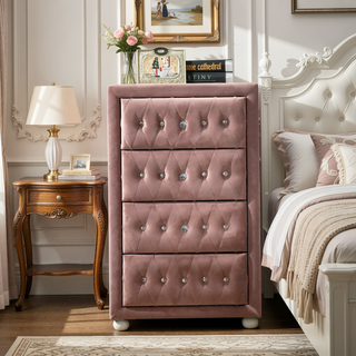Sunvega Pink 4-Drawer Chest with Crystal Knobs and Fully Padded Case-Legs