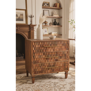 Sunvega Arno Chest with Rhythmic Block-Carved Façade in Golden Teak Finish