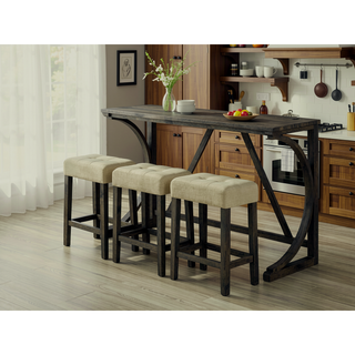 Sunvega Transitional Brown Rubberwood Dining Table Set with 3 Tufted Stools