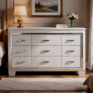 Sunvega Silver Faux Alligator Embossed Nightstand with 2 Dovetail Drawers and LED Lighting