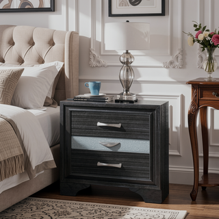 Sunvega Black Finish Wooden Nightstand with 3 Drawers and Curved Legs
