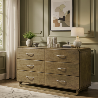Sunvega Modern Six-Drawer Dresser with Nutmeg Wood Finish and Matte Nickel Hardware