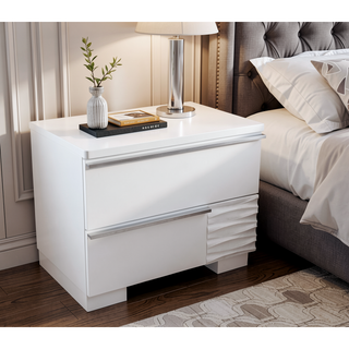 Sunvega Modern White Lacquer Wood Nightstand with 2 Drawers and Gloss Finish