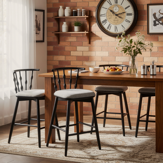 Sunvega Rubberwood Barstool Set of 2 with Grey Upholstery and Hourglass Backrest