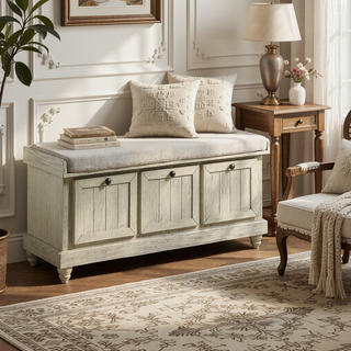 Sunvega Antique White Solid Wood Bench with Lift Top Storage and Cushioned Seat
