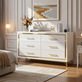 Sunvega Bright White Six-Drawer Dresser with Gold Trim for Bedroom Storage