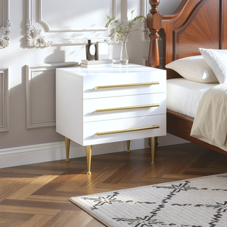 Sunvega Modern White Nightstand with Gold Accent and Three Wooden Drawers