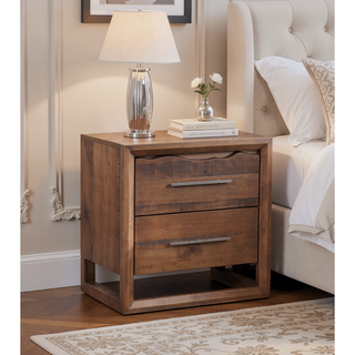Sunvega Hand-Stained Mocha Pine Wood 2-Drawer Nightstand with Antique Silver Hardware