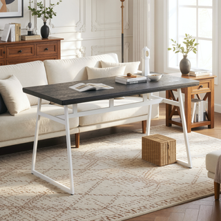 Sunvega Industrial Dining Table with Vintage White Metal Frame and Espresso Wood Top