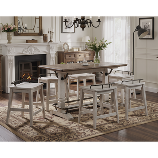 Sunvega White Gathering Table with Plank Top and Double Pedestal Base for Six
