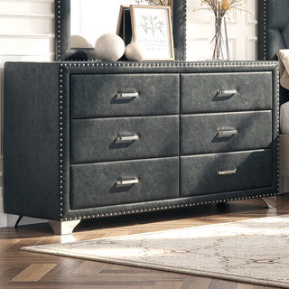 Sunvega Upholstered Dresser with Six Spacious Drawers and Nail Head Trim