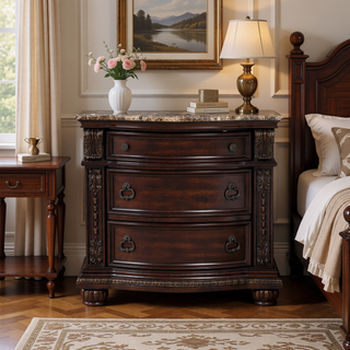 Sunvega Silver Finish European Design Nightstand with Genuine Marble Top