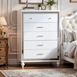 Sunvega Sterling Mirror Framed 5-Drawer Chest in White with Metallic Finish