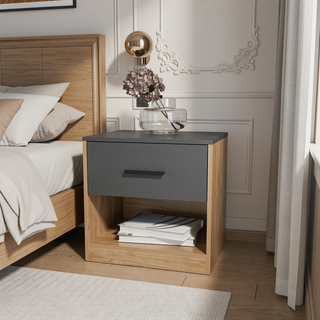 Sunvega Natural Oak and Matt Grey Nightstand with 1-Drawer and Open Shelf