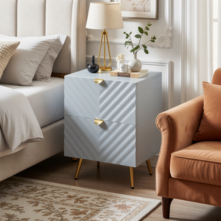 Sunvega Grey High Gloss Modern Nightstand with Two Drawers and Gold Finish