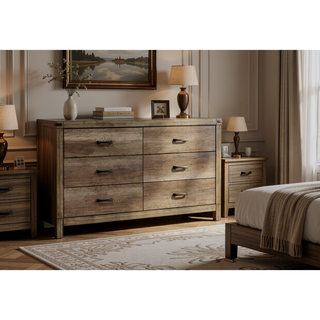 Sunvega Contemporary Rustic Six Drawer Dresser with Melamine Finish and Solid Metal Hardware