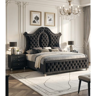Sunvega Black Glam Nightstand with Velvet Tufted Drawers and Faux Crystal Knobs