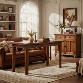 Sunvega 54 Inch Square Walnut Veneer Dining Table for 8 with Solid Wood Legs