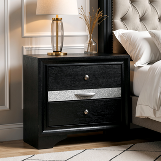 Sunvega Black Nightstand with Silver Trim Accent and Jewelry Drawer