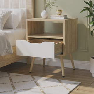 Sunvega Natural Oak and White Nightstand with Open Storage Shelf for Small Spaces
