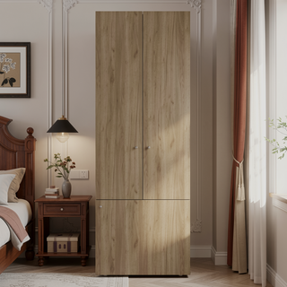 Sunvega Three-Door Bedroom Cabinet with Three Shelves in Natural Oak and White