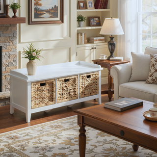 Sunvega Low-Profile Storage Bench with Three Spacious Brown Rattan Drawer Baskets