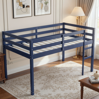 Sunvega Espresso Rubber Wood Low Height Loft Bed with Ladder for Bedroom