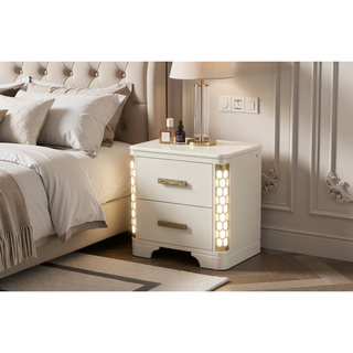 Sunvega Beige Wood Nightstand with Side LED Lighting and Spacious Drawers