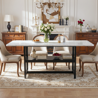 Sunvega Minimalist Dining Table with Walnut Textured MDF Top and Storage Shelf