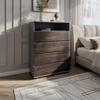 Sunvega Matt Gray and Dark Oak 4 Drawer Dresser with Open Shelf for Storage