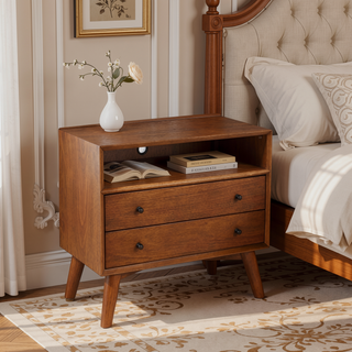 Sunvega Brown Transitional Wooden Nightstand with 2 Drawers and Open Compartment