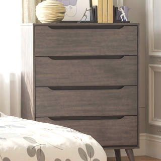 Sunvega Mid-Century Modern Black Chest with 4 Recessed Handle Drawers and Tapered Legs