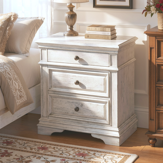 Sunvega Nightstand With USB Charging In Cathedral White Vintage Finish