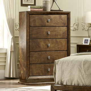 Sunvega Transitional Walnut Finish Chest with 5 English Dovetail Drawers and Metal Knobs