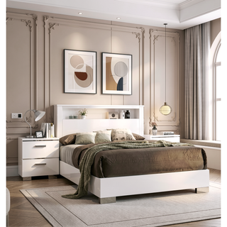 Sunvega Contemporary White High Gloss Lacquer Nightstand with Chrome Handles and USB Charger